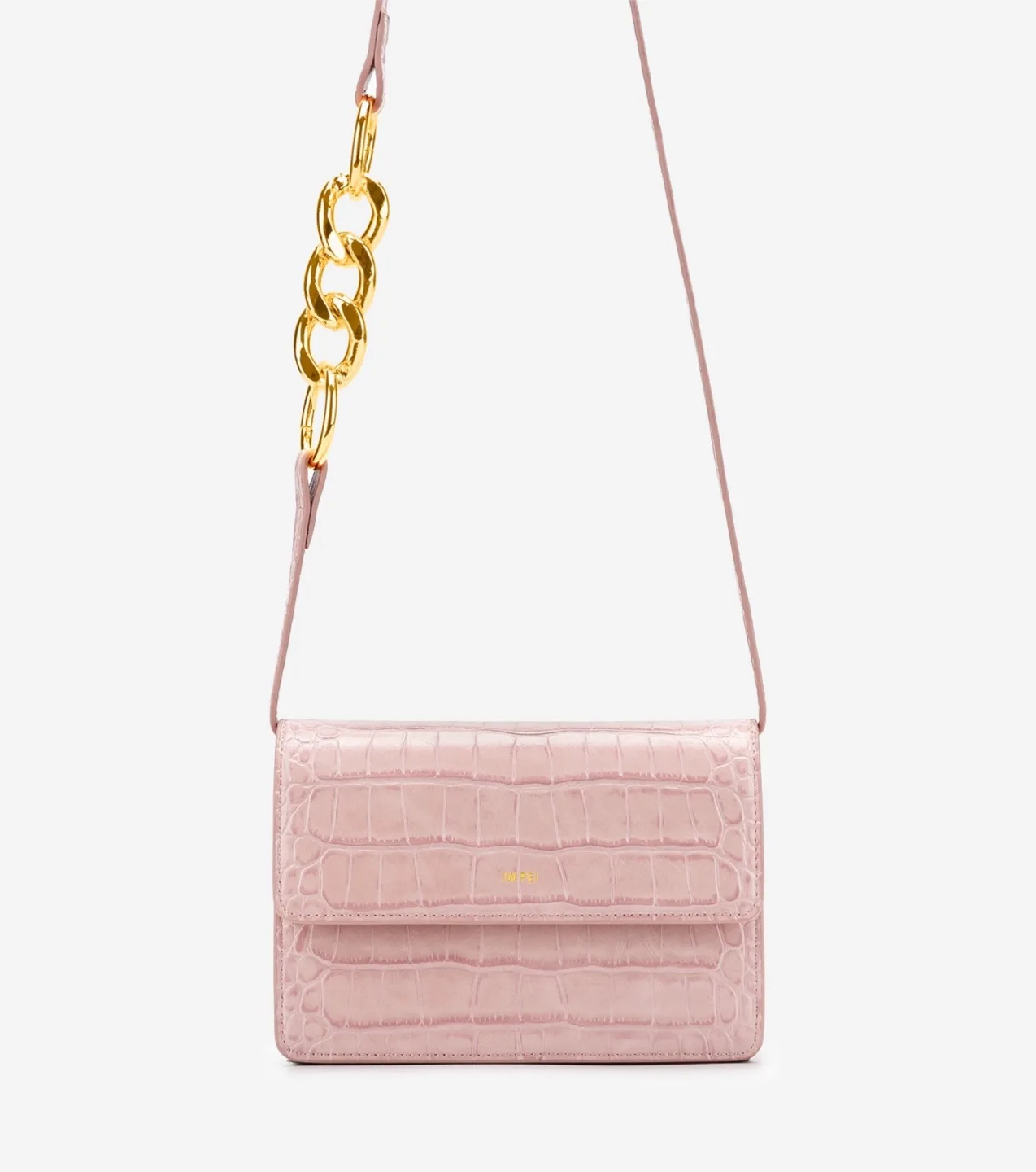 Pink Croc-Embossed Leather Crossbody Bag with Gold Chain Detail thumbnail