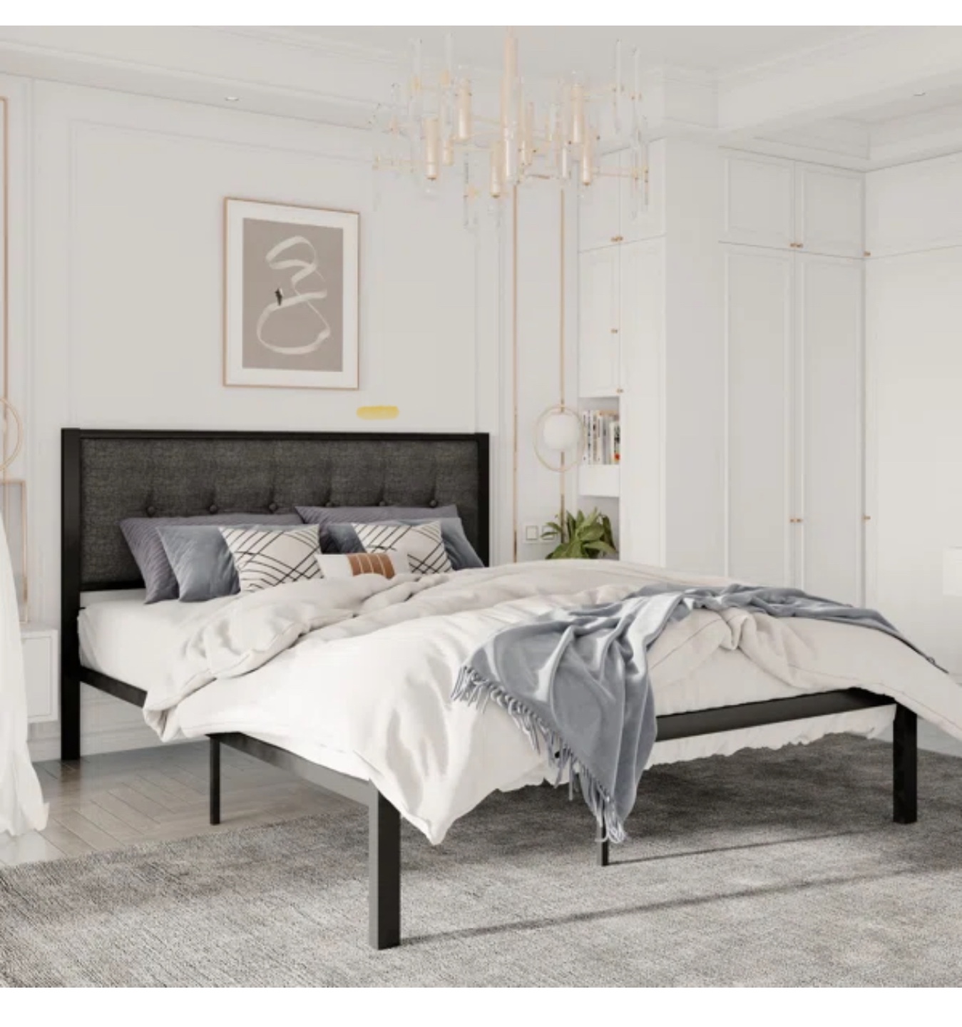 Queen Metal Platform Bed Frame with Upholstered Headboard