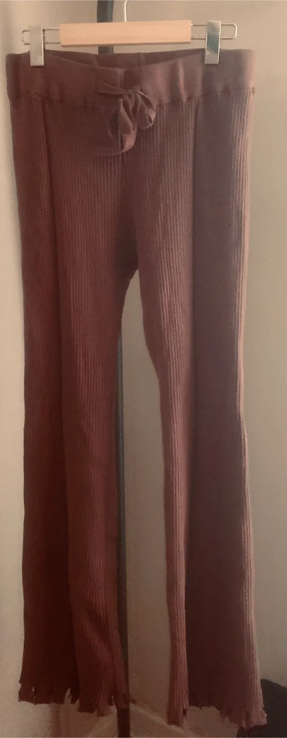 FashionNova Brown Ribbed Knit Distressed Flare Pants thumbnail