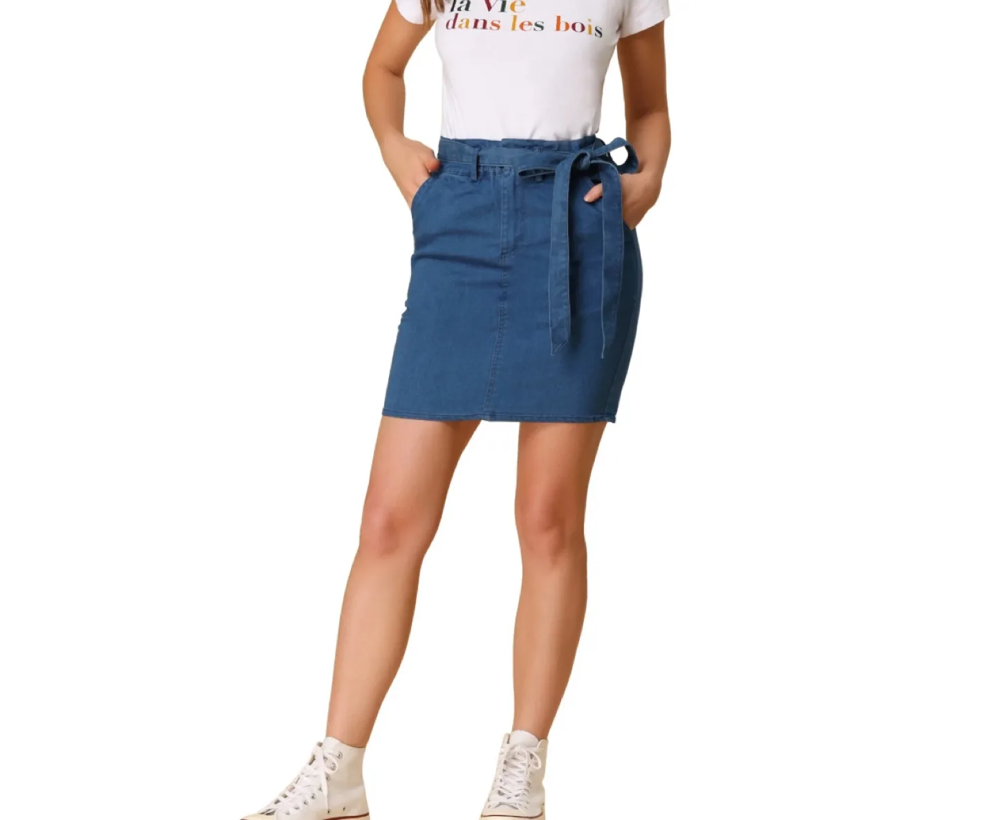 Dark blue denim mini skirt with tie waist thumbnail