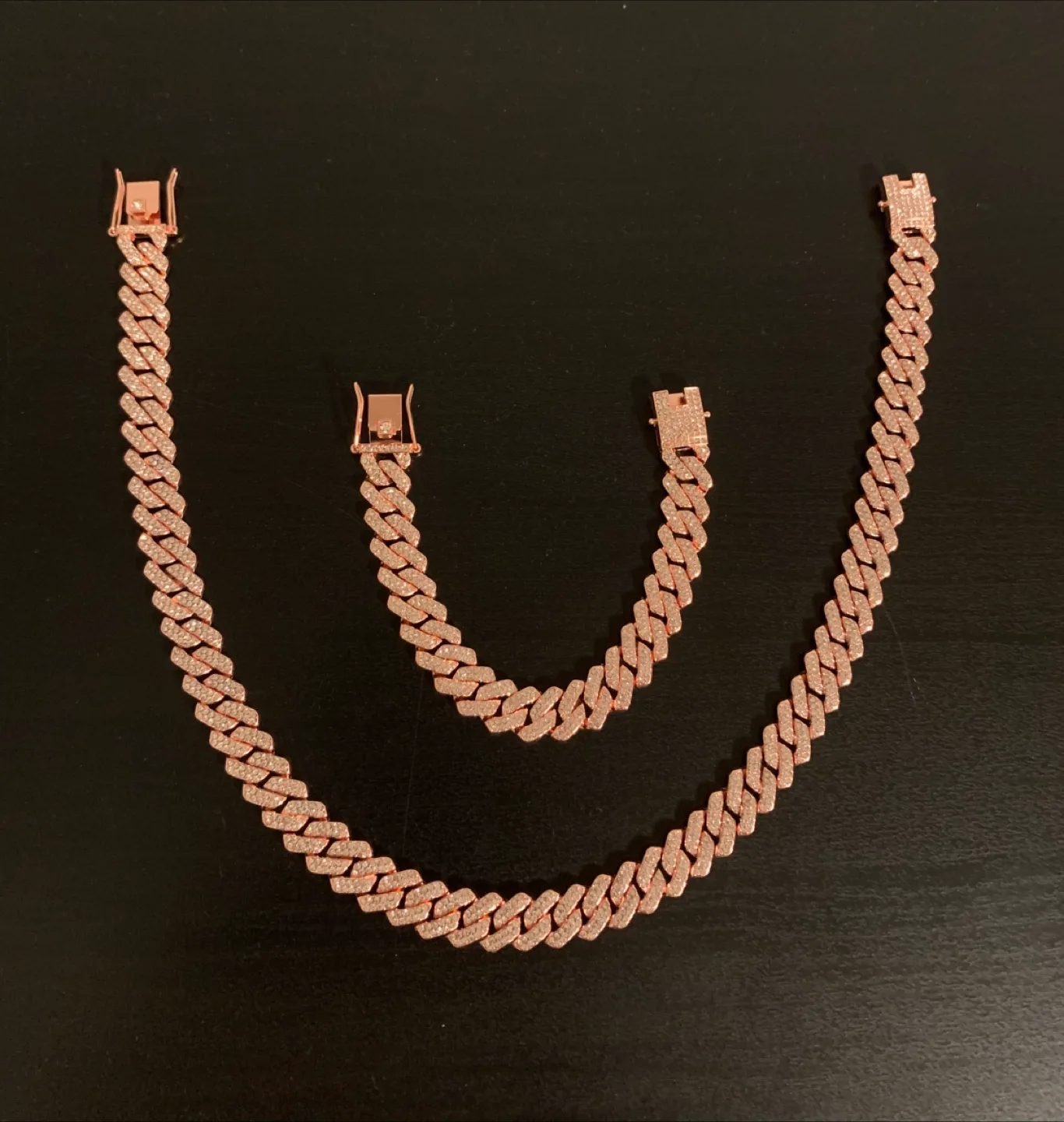 Rose Gold Iced-Out Cuban Link Chain and Bracelet Set thumbnail