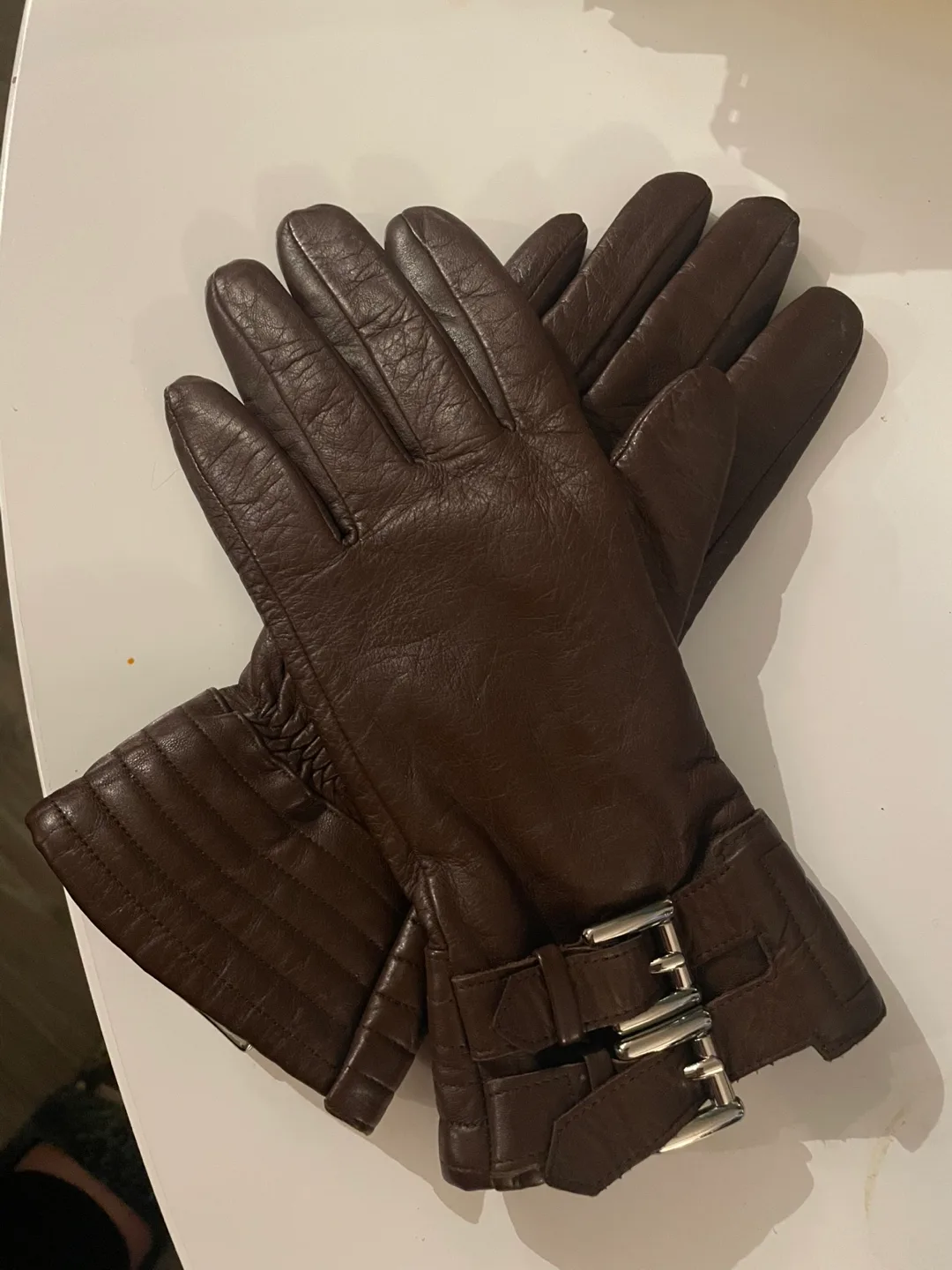 Michael Kors Brown Leather Gloves with Buckle Detail thumbnail