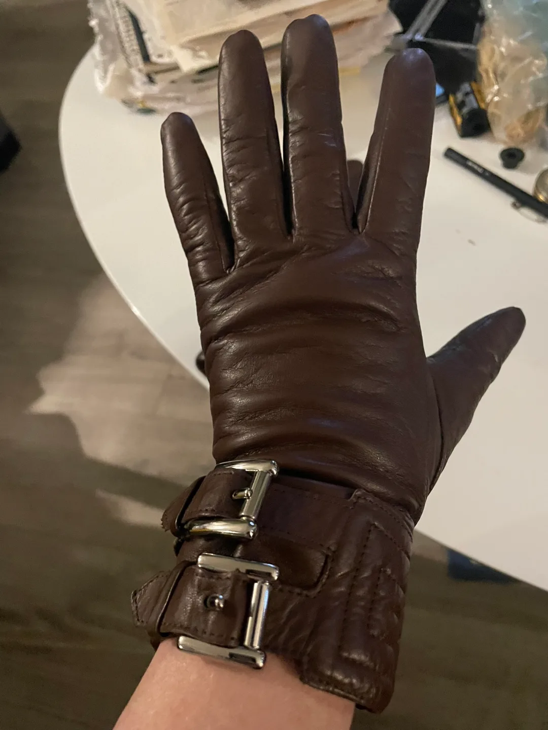 Michael Kors Brown Leather Gloves with Buckle Detail image indicator(4)