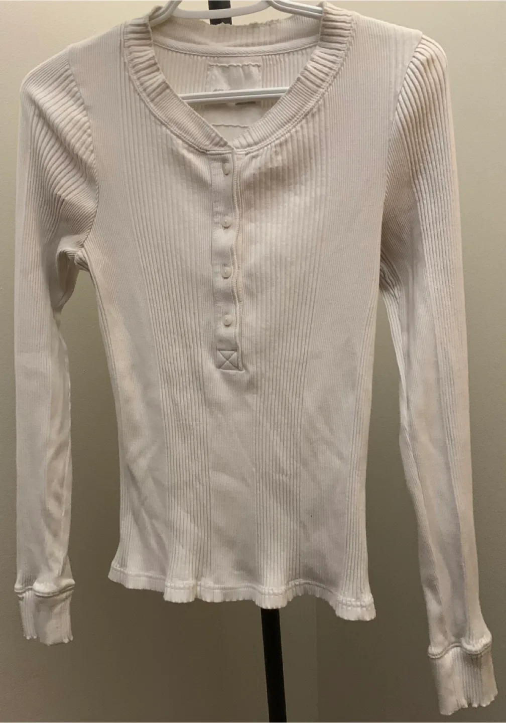 Aerie White Ribbed Henley Long Sleeve Top thumbnail