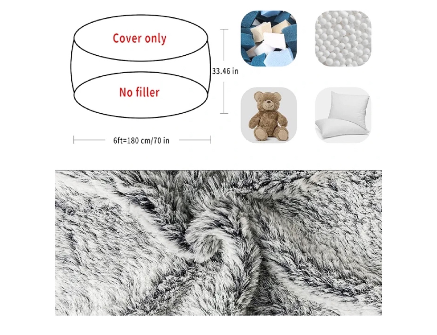 Giant Plush Bean Bag Chair Cover - Grey - 6ft - photo 2