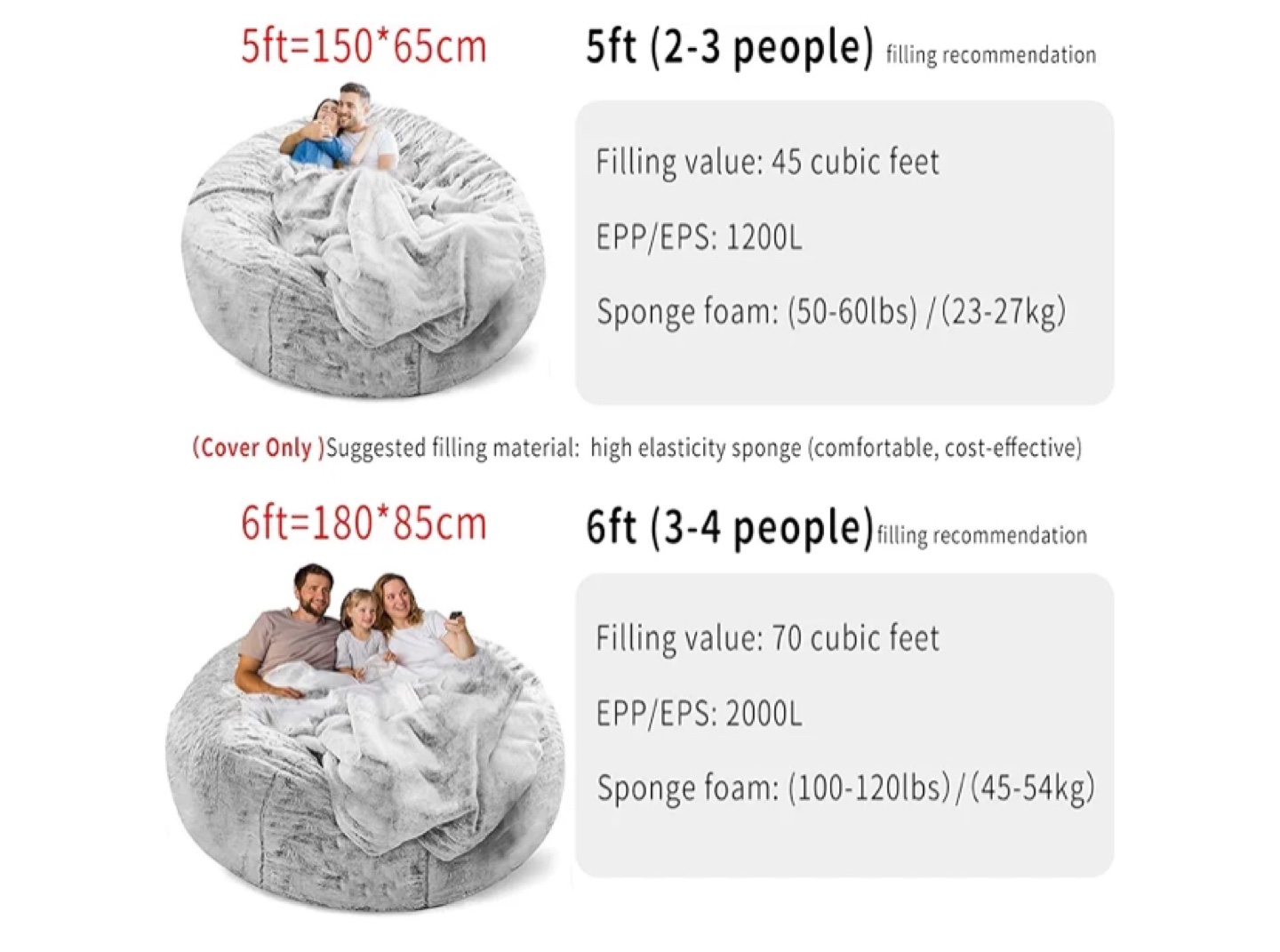 Giant Plush Bean Bag Chair Cover - Grey - 6ft - photo 4