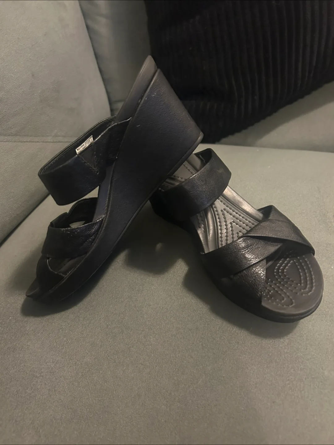 Crocs Women's Black Leather Wedge Sandals thumbnail