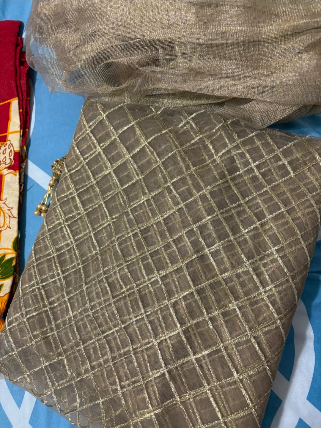 Women's Dupatta : Gold Net, Floral Print, and Embroidered thumbnail