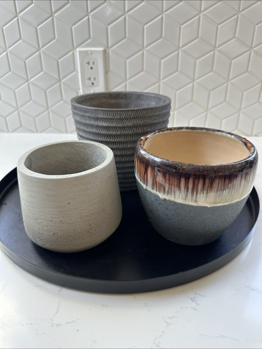 Set of three concrete and ceramic planters