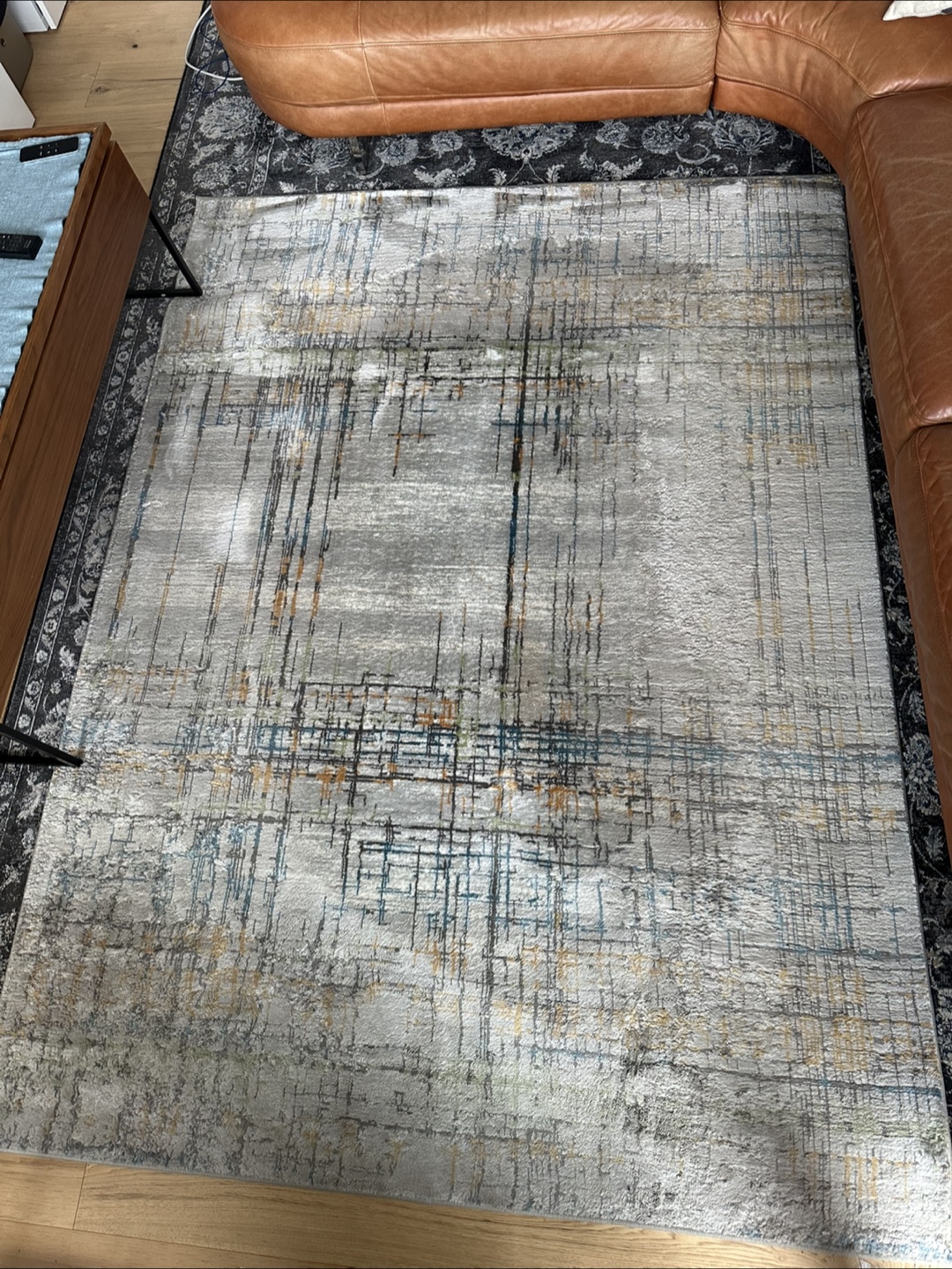 Abstract Grey, Blue and Gold Area Rug