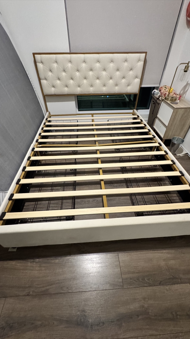 Queen Upholstered Bed Frame with Gold Accents
