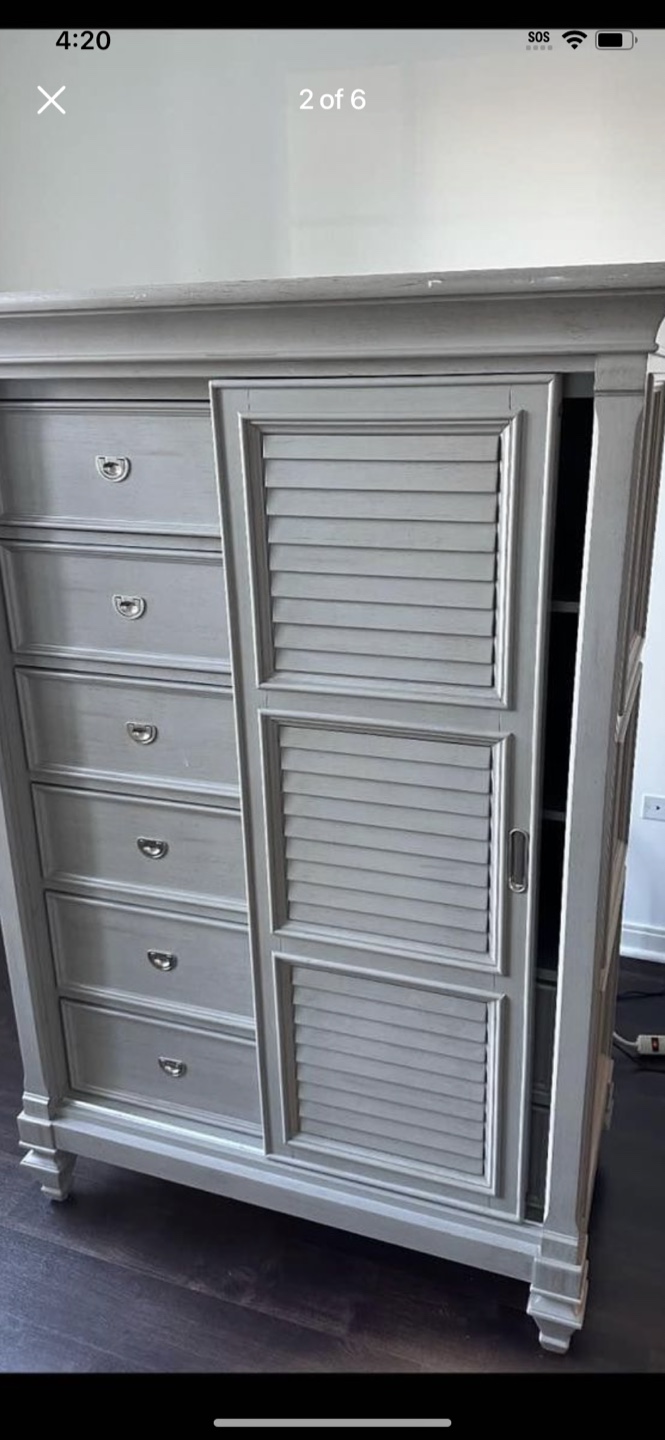 Gray Wooden Armoire with Drawers