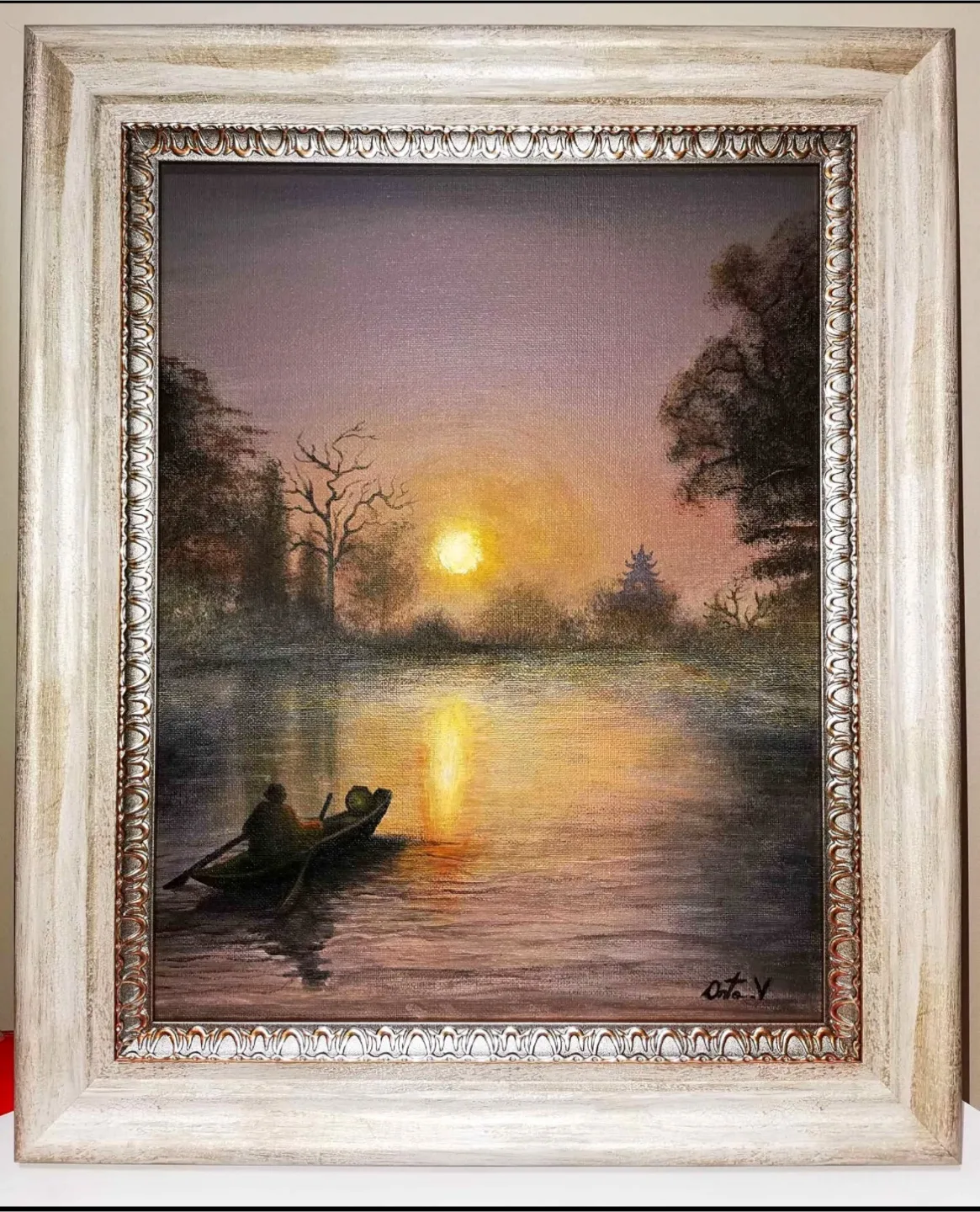 Original Acrylic Painting Landscape Sunset on Lake thumbnail