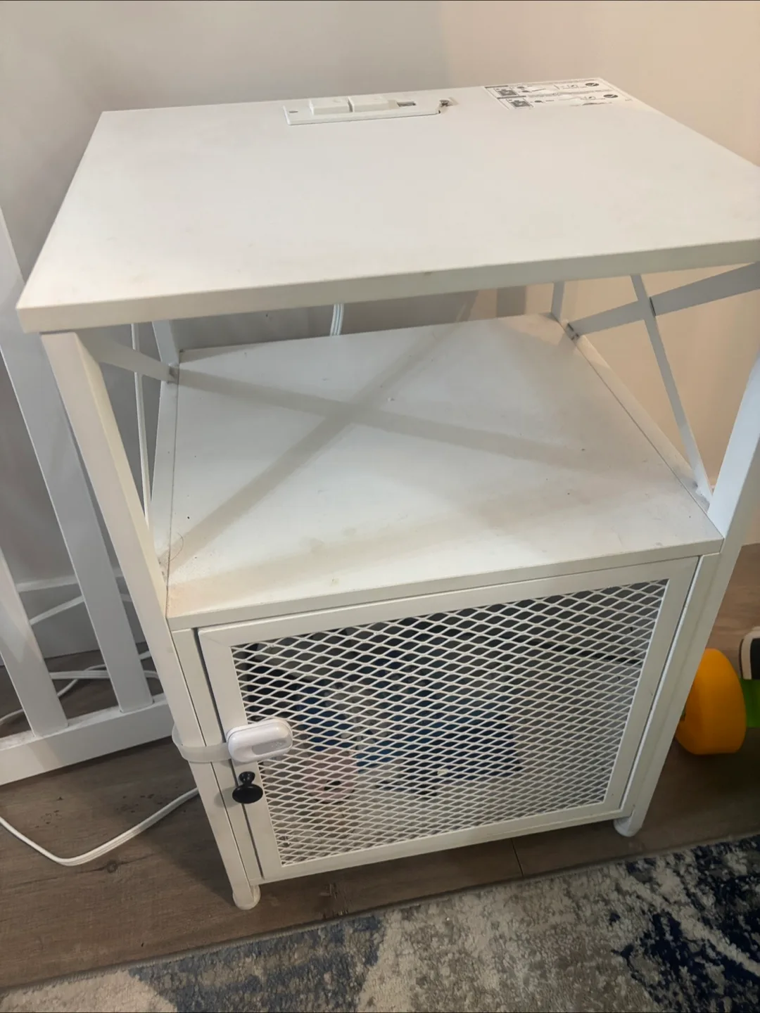 White Metal Nightstand with Built-in Outlets