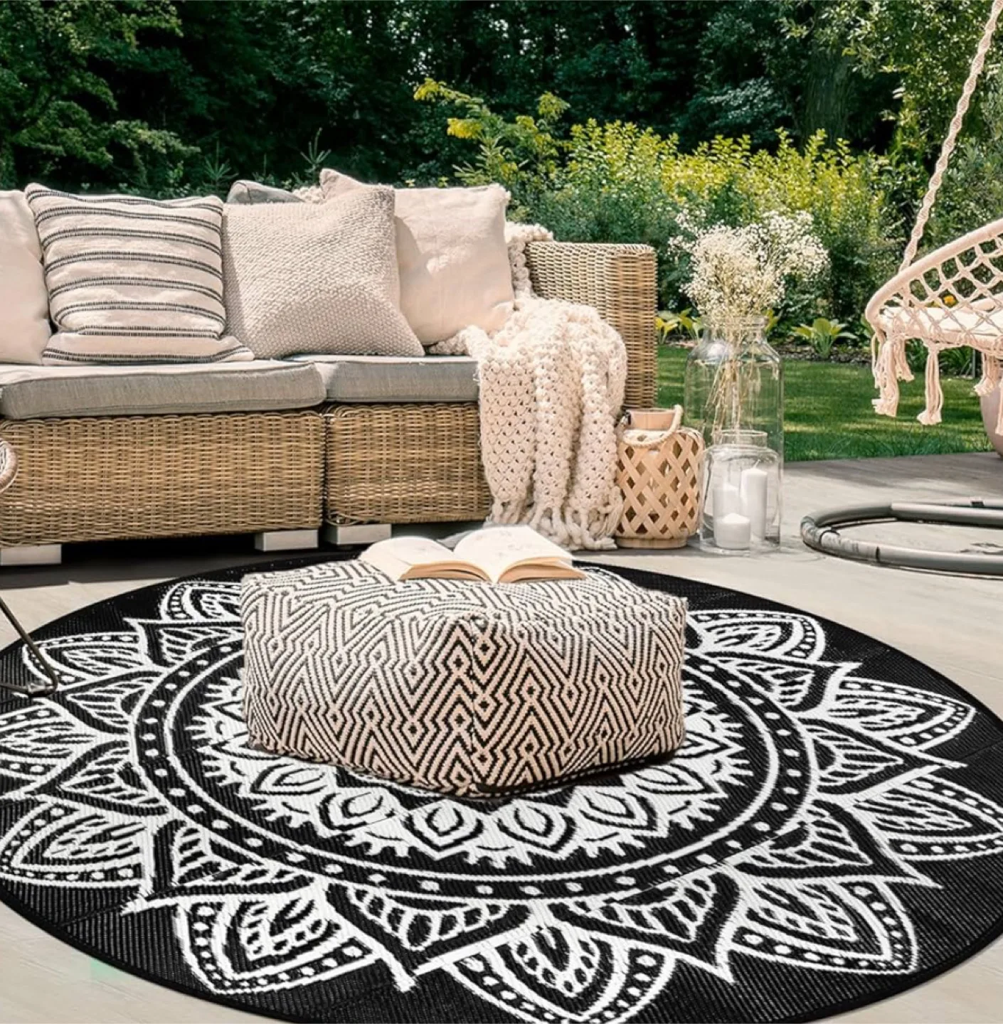 Round Outdoor Patio Rug, Black and White Mandala Design thumbnail