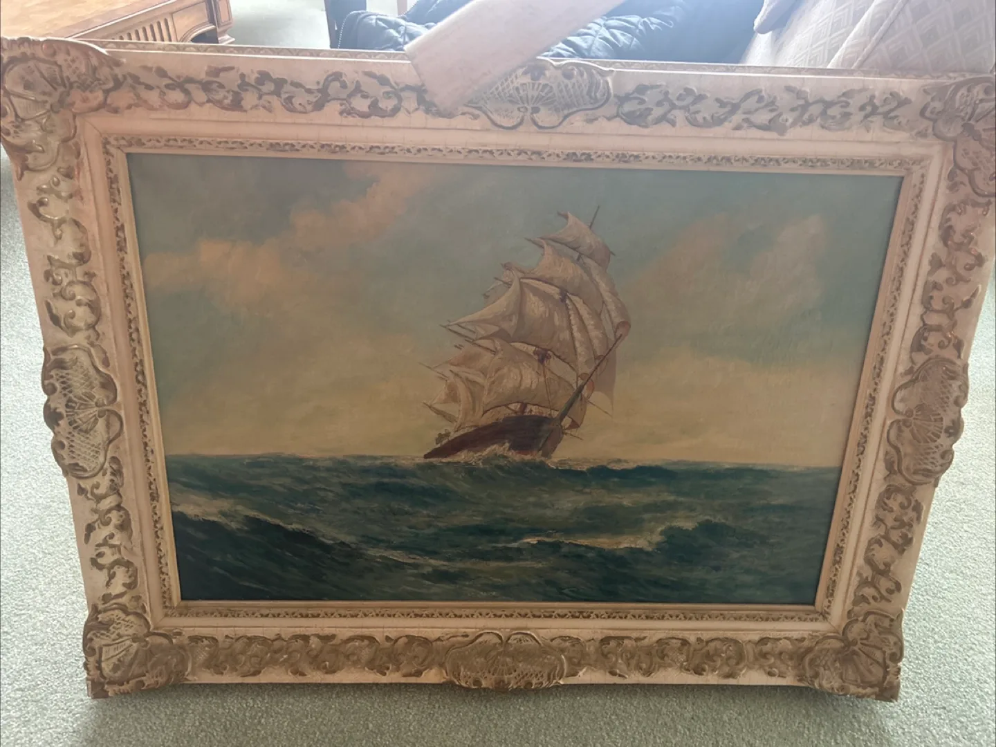 Vintage Framed Oil Painting of a Sailing Ship thumbnail