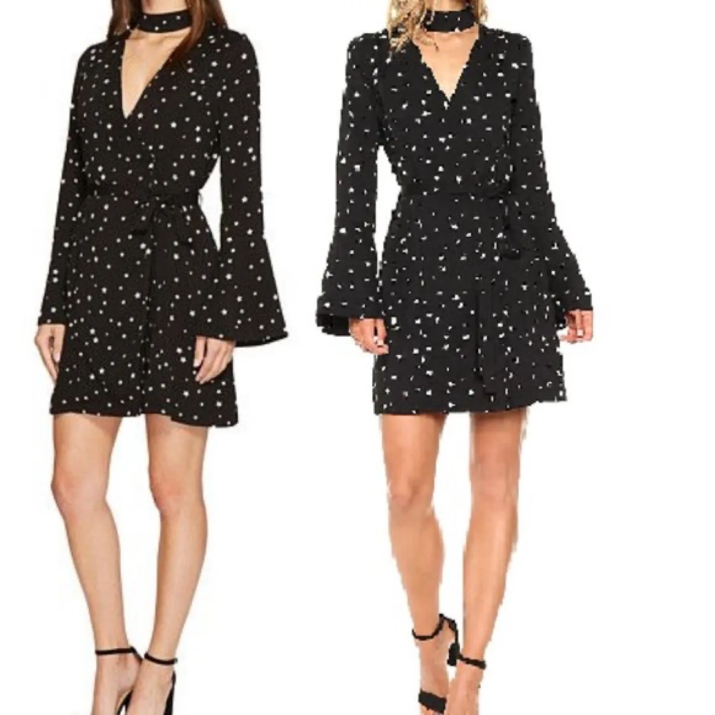J.O.A. Black Star Print Choker Neck Wrap Dress Size Small thumbnail