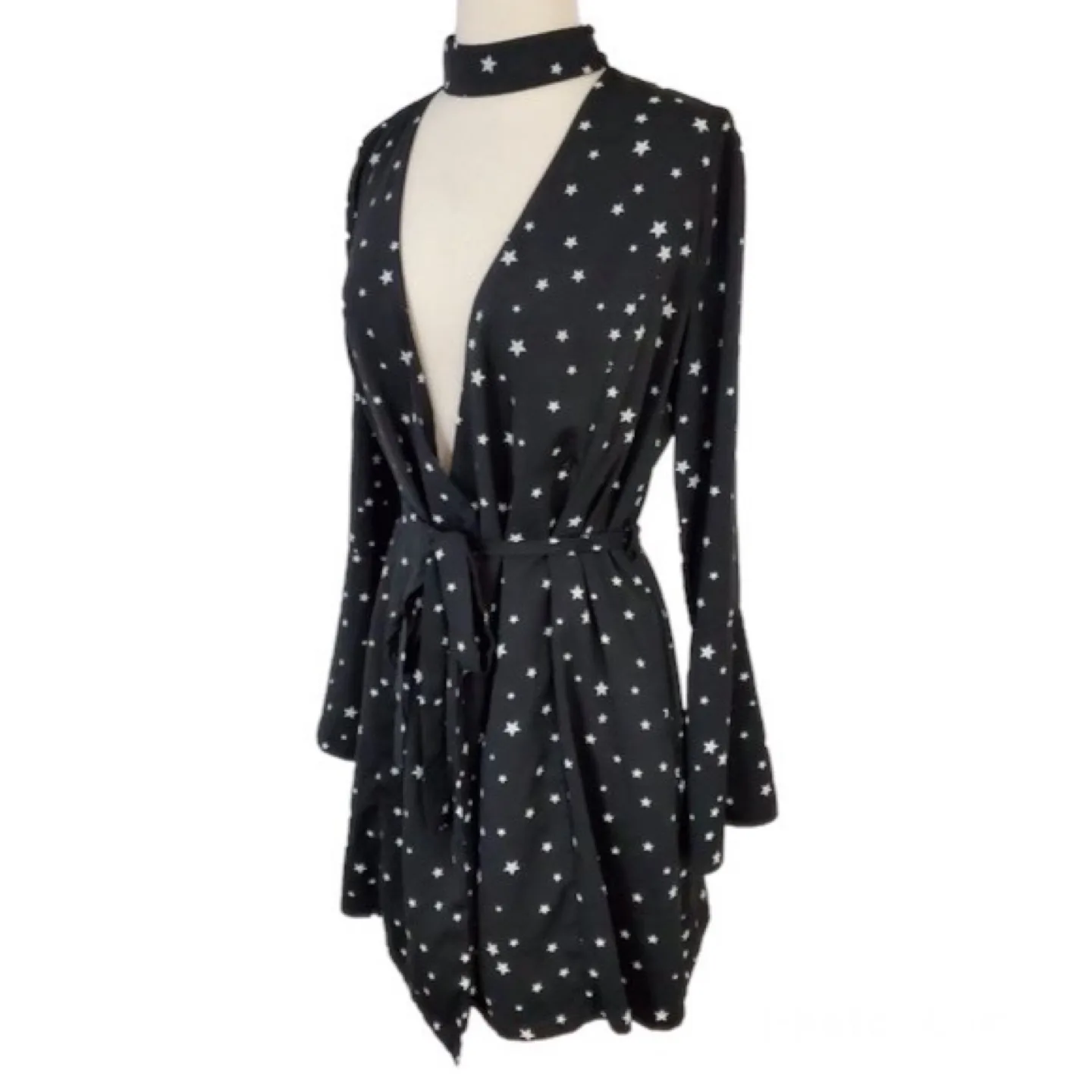 J.O.A. Black Star Print Choker Neck Wrap Dress Size Small image indicator(3)