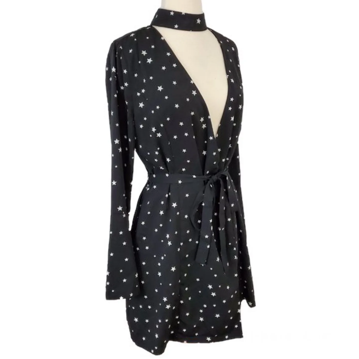 J.O.A. Black Star Print Choker Neck Wrap Dress Size Small image indicator(2)