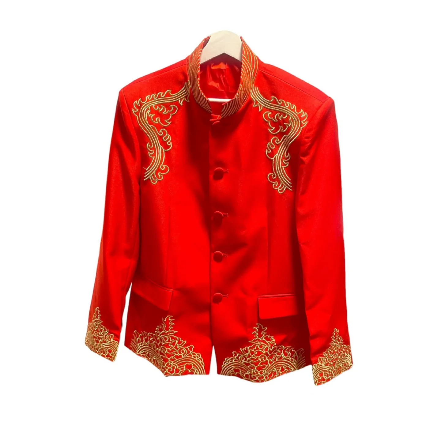 NWT Red Chinese Wedding Suit Changshan with Gold Embroidery image indicator(2)