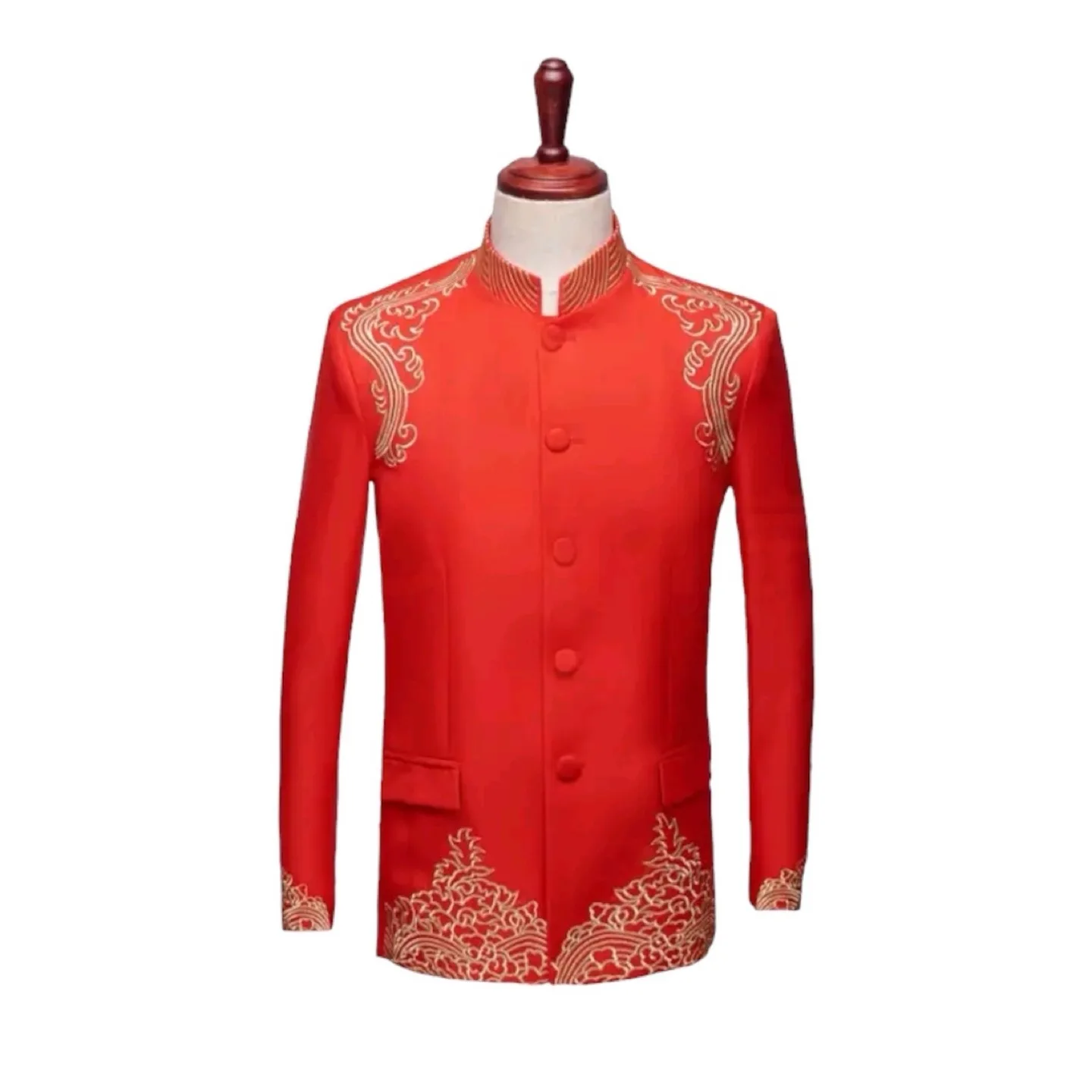 NWT Red Chinese Wedding Suit Changshan with Gold Embroidery image indicator(8)