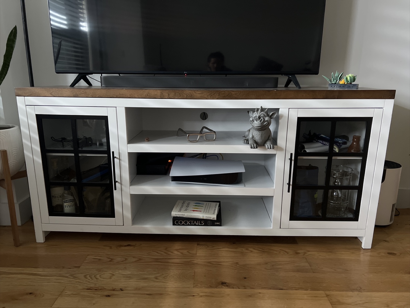 White Farmhouse TV Stand with Glass Doors