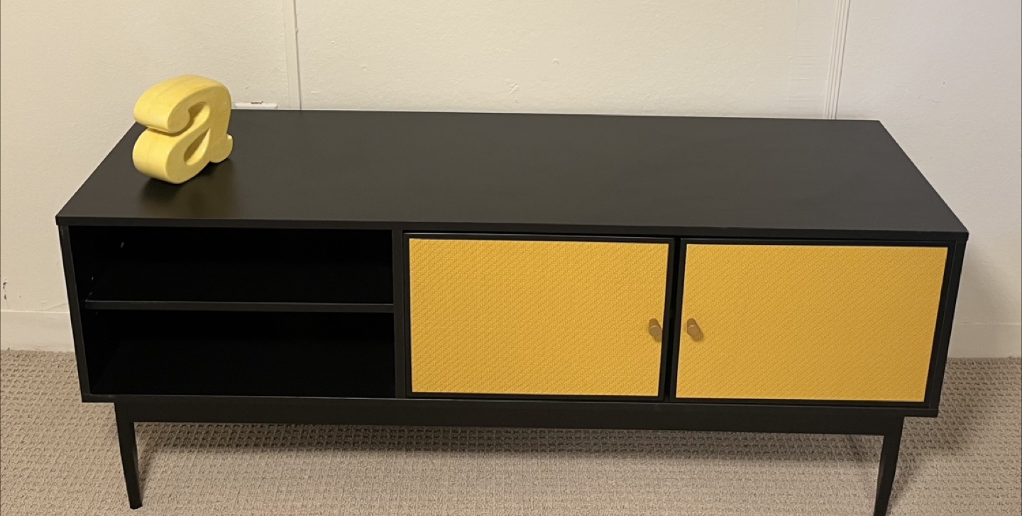 Mid-Century Modern TV Stand with Mustard Yellow Accents
