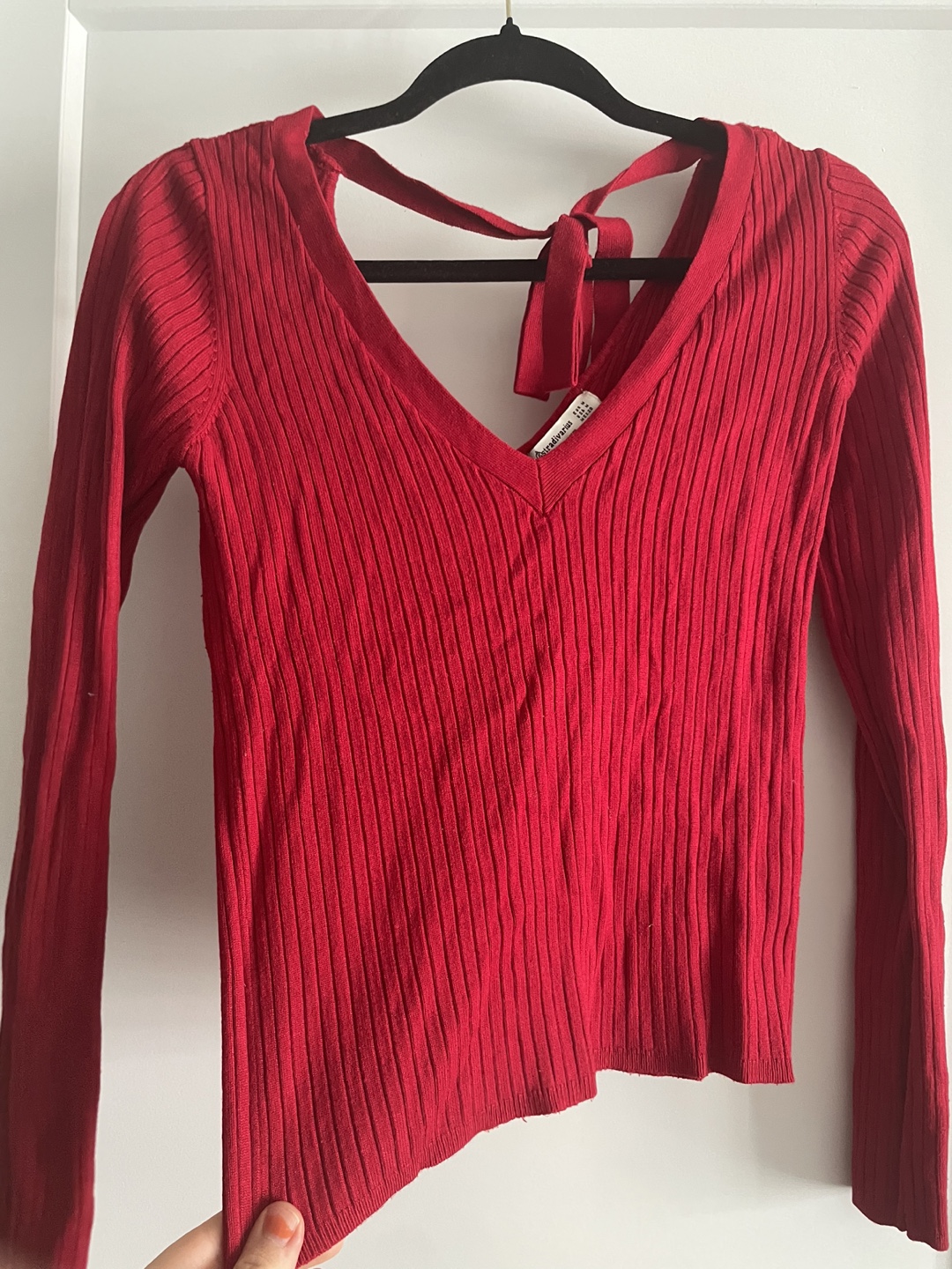 Stradivarius Red Ribbed Knit Crop Top sweater with Tie Back - photo 2