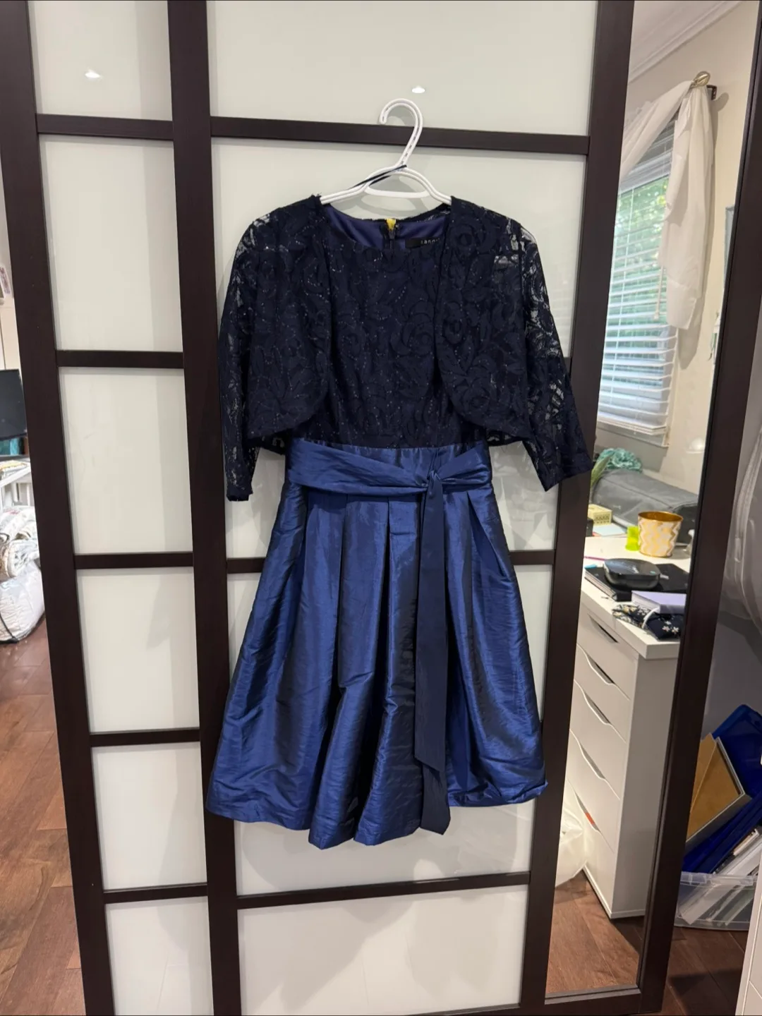 Navy Blue Lace & Taffeta Prom Dress with Bolero image indicator(2)