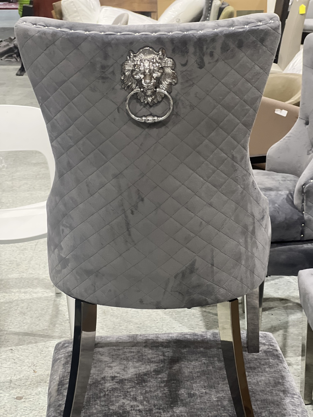 Grey Velvet Dining Chair with Lion Head Detail