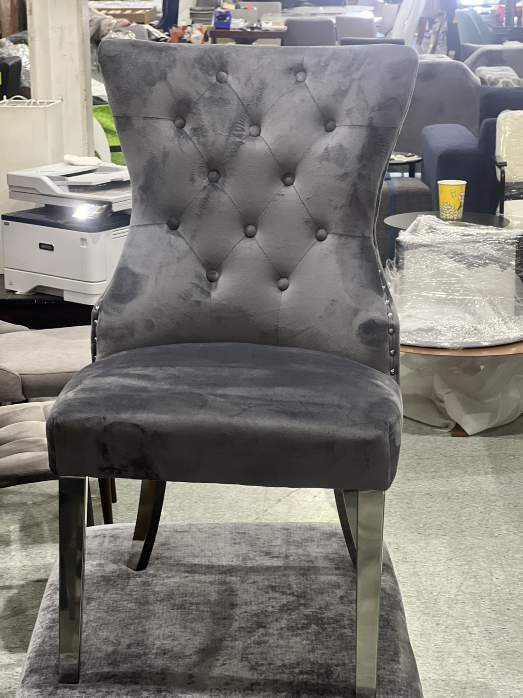 Grey Velvet Dining Chair with Lion Head Detail - photo 2
