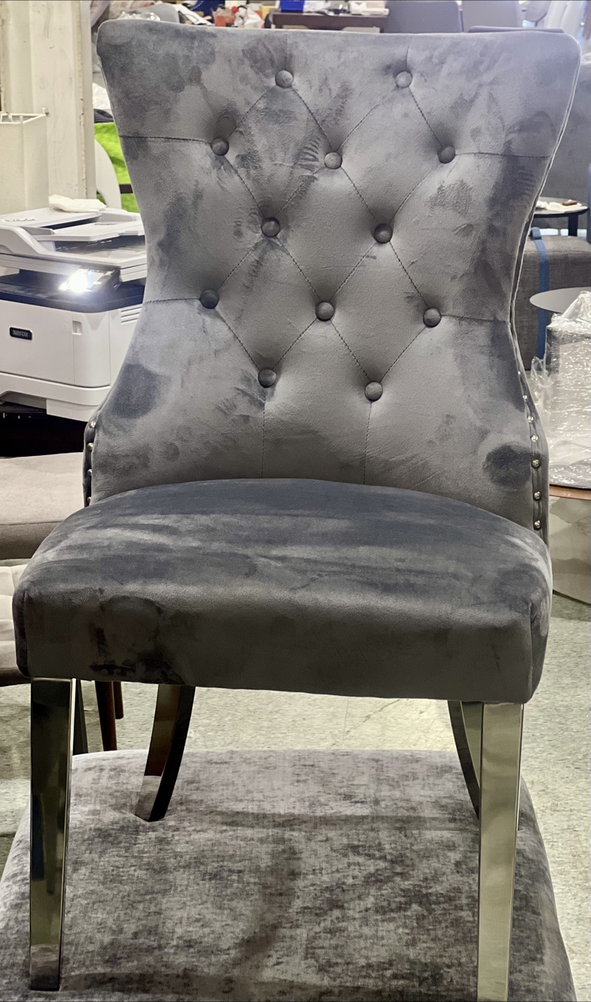 Grey Velvet Dining Chair with Lion Head Detail - photo 3