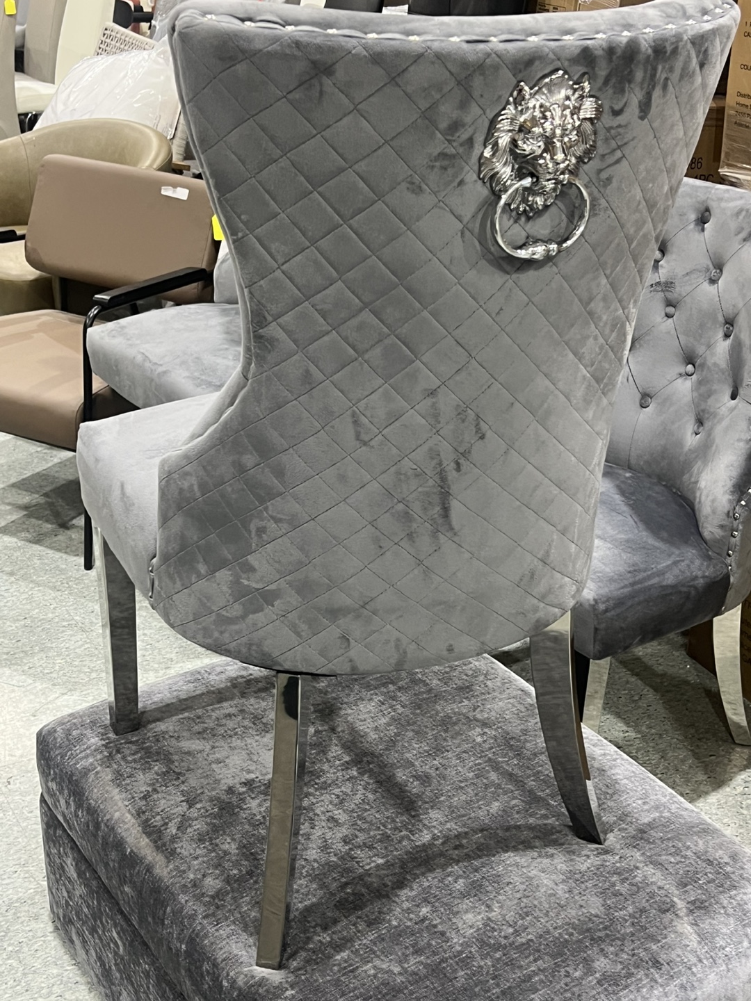 Grey Velvet Dining Chair with Lion Head Detail - photo 5