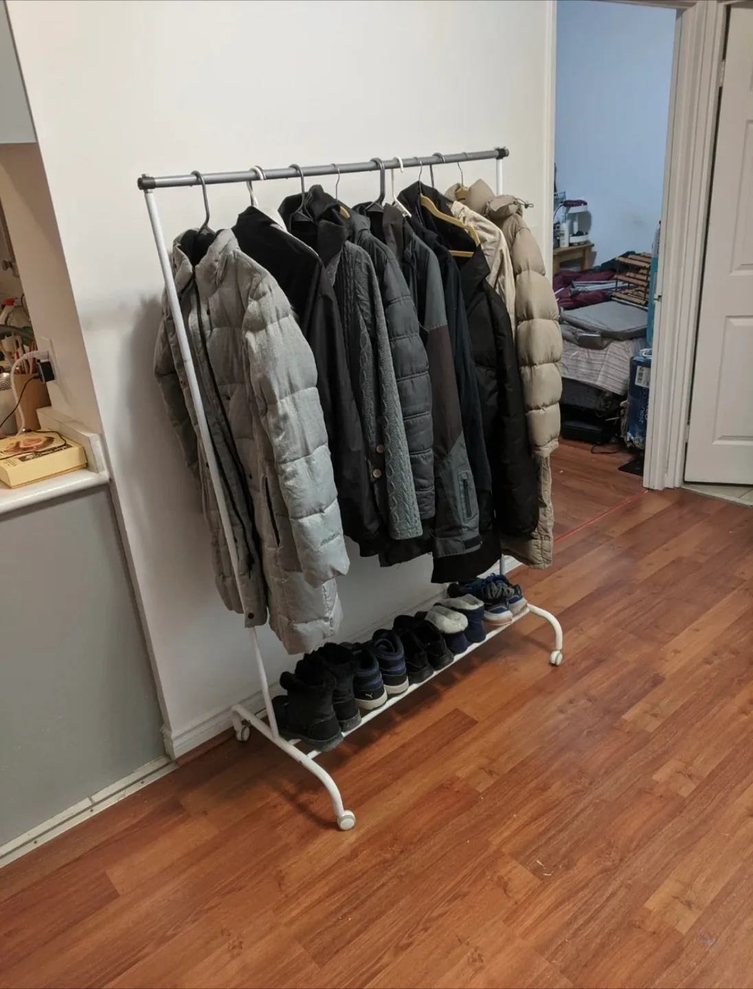 Bean bag and White Metal Rolling Garment and Shoe Rack image indicator(2)