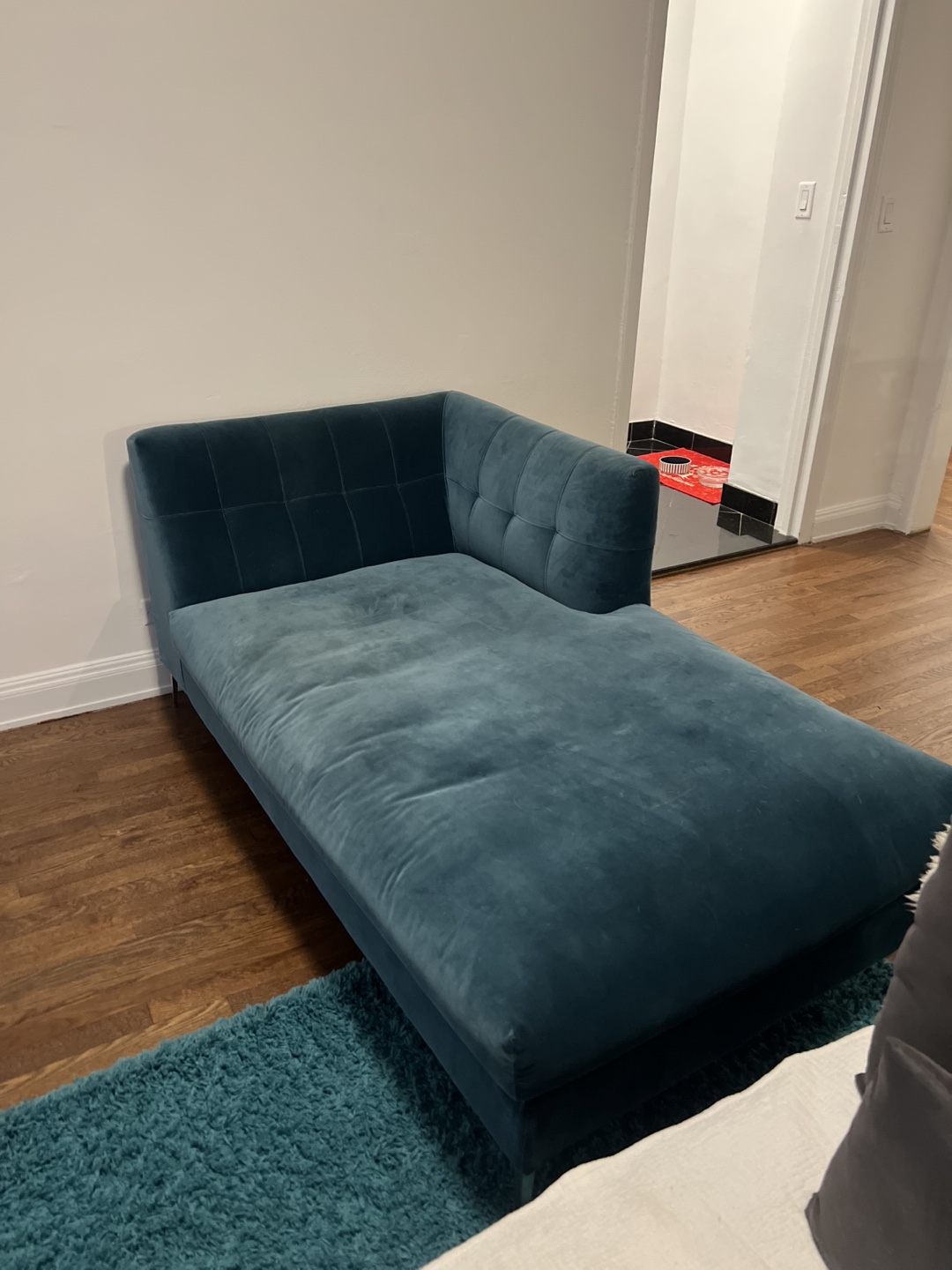 CB2 Dark Teal Velvet Chaise Lounge