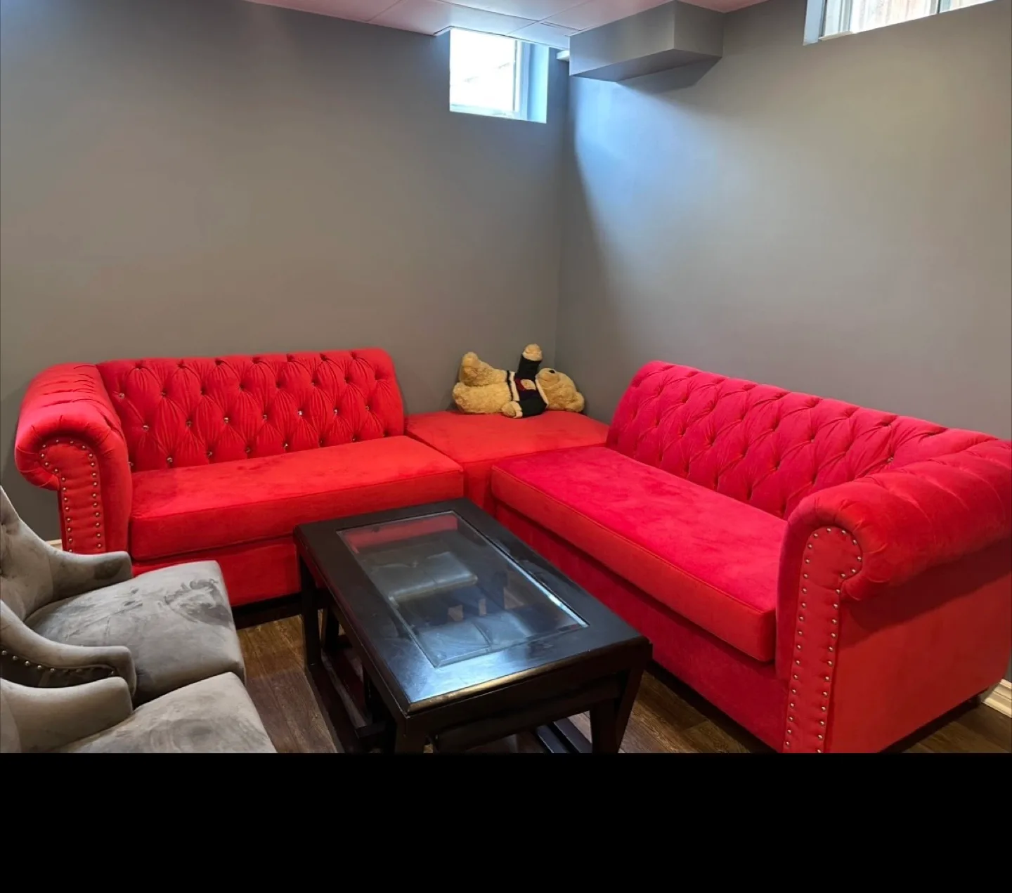Red Velvet Sectional Sofa with Ottoman thumbnail