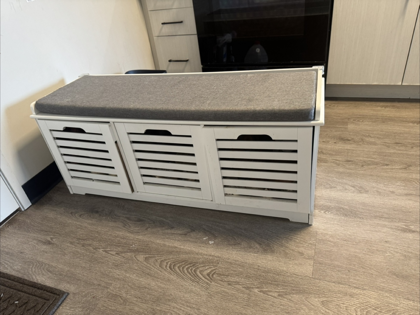 White Wooden Storage Bench with Cushioned Seat