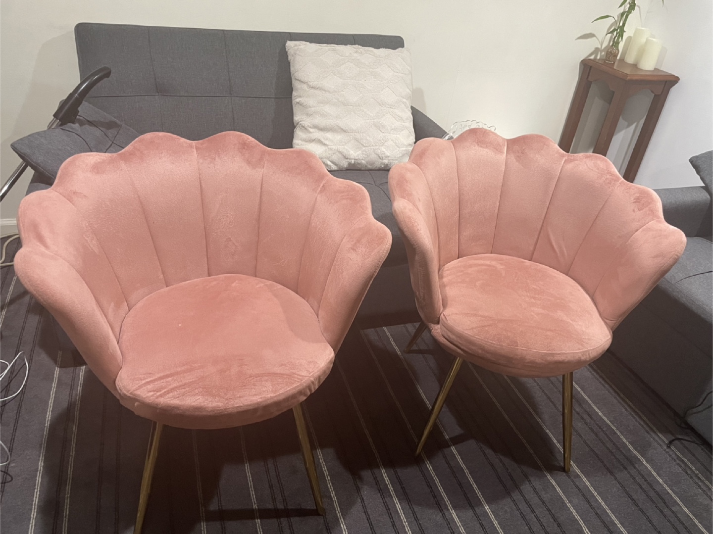 Pair of Pink Velvet Shell Chairs with Gold Legs