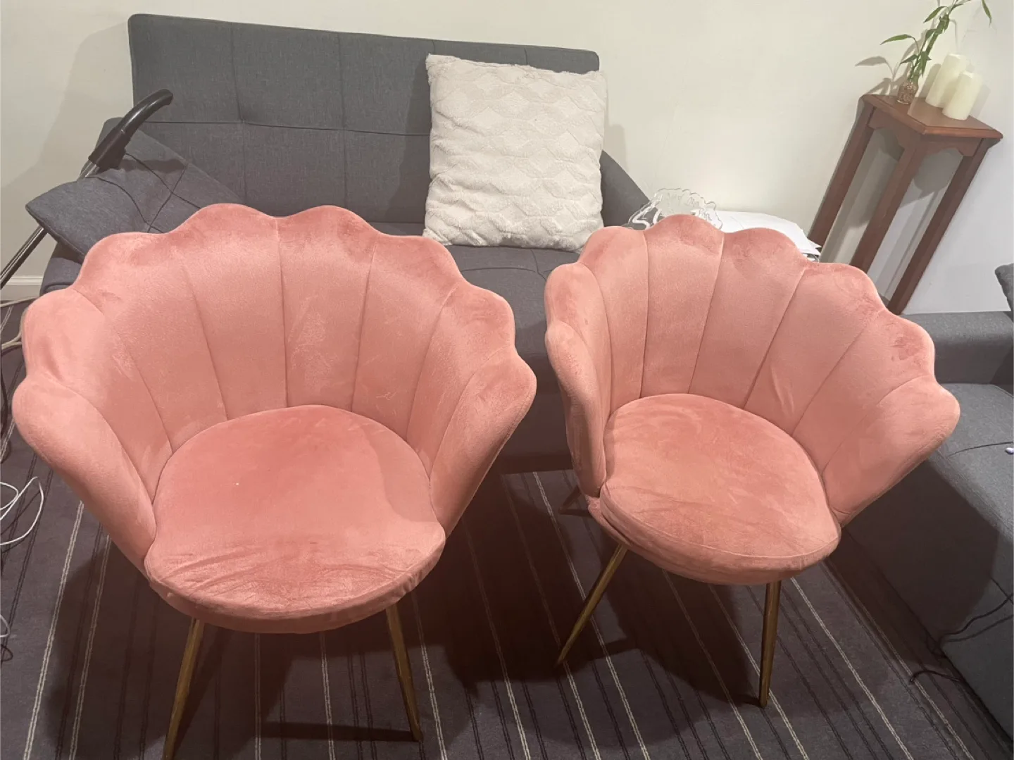 Pair of Pink Velvet Shell Chairs with Gold Legs image indicator(2)