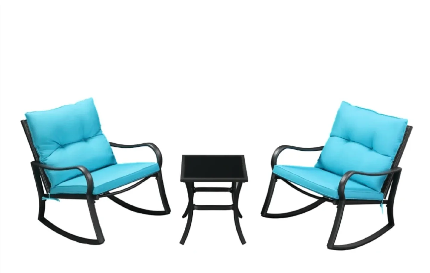 BLK METAL & WICKER ROCKING CHAIRS & TABLE- BLUE thumbnail