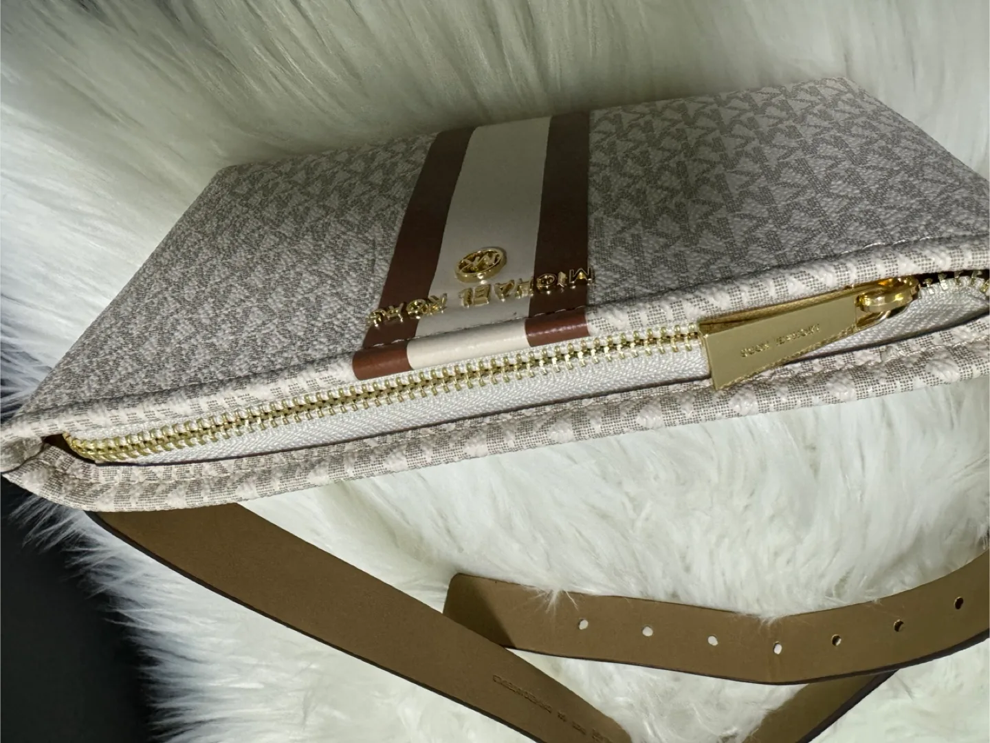 Michael Kors Vanilla Logo Belt Bag with Stripe and keychain thumbnail