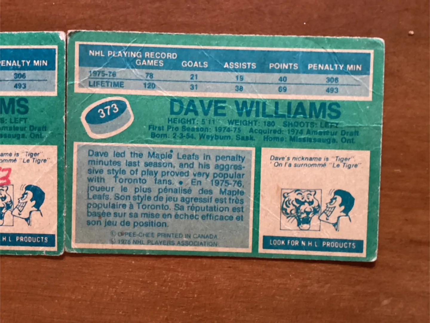3. 1976-77 O-PEE-CHEE DAVE TIGER WILLIAMS Cards # 373 image indicator(8)