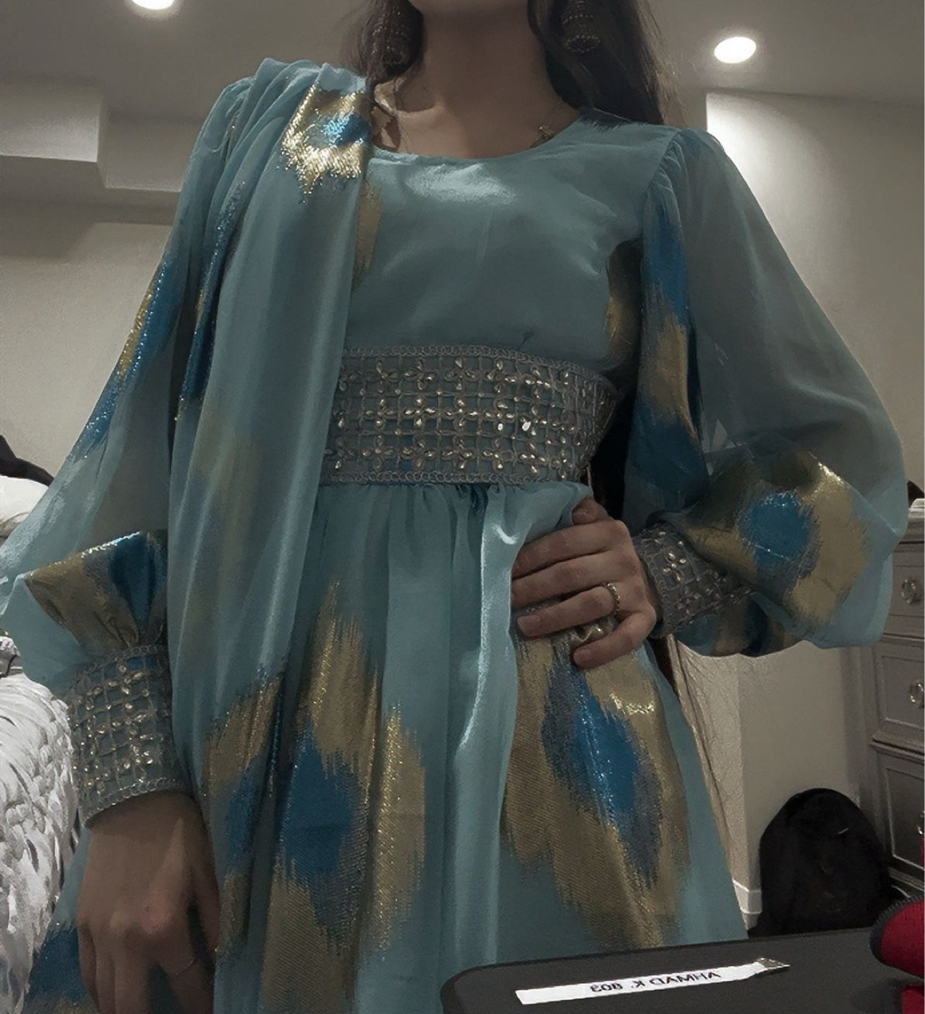 Beautiful teal embellished long-sleeve dress