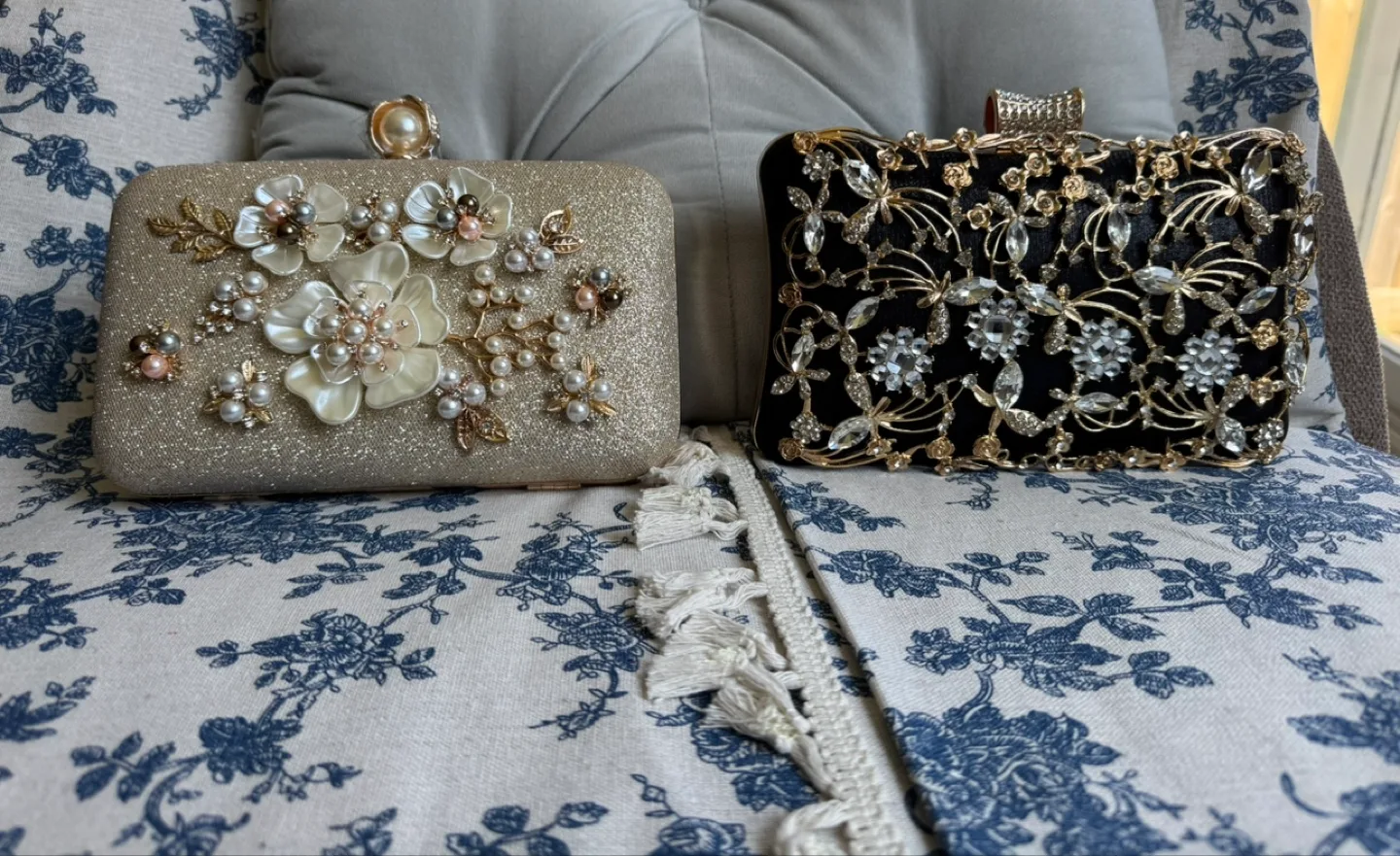 Elegant Beaded Evening Clutch - Black, Ivory, or Black with Rose image indicator(6)