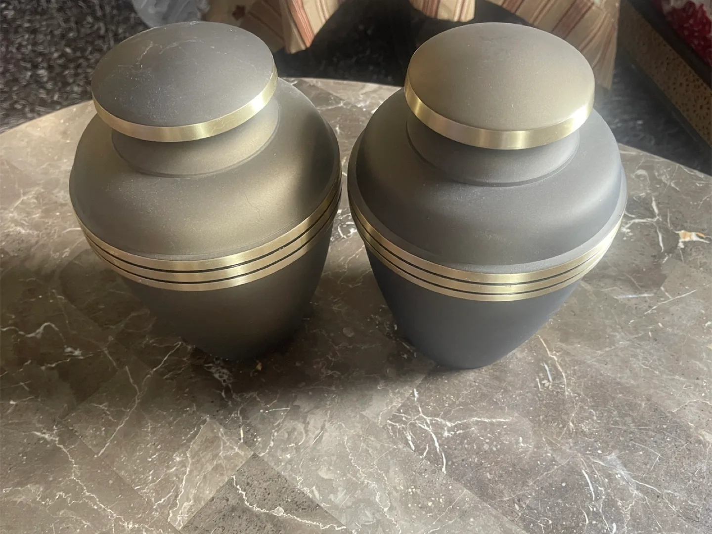 Brass Pair of Elegant Dark Grey Metal Cremation Urns thumbnail