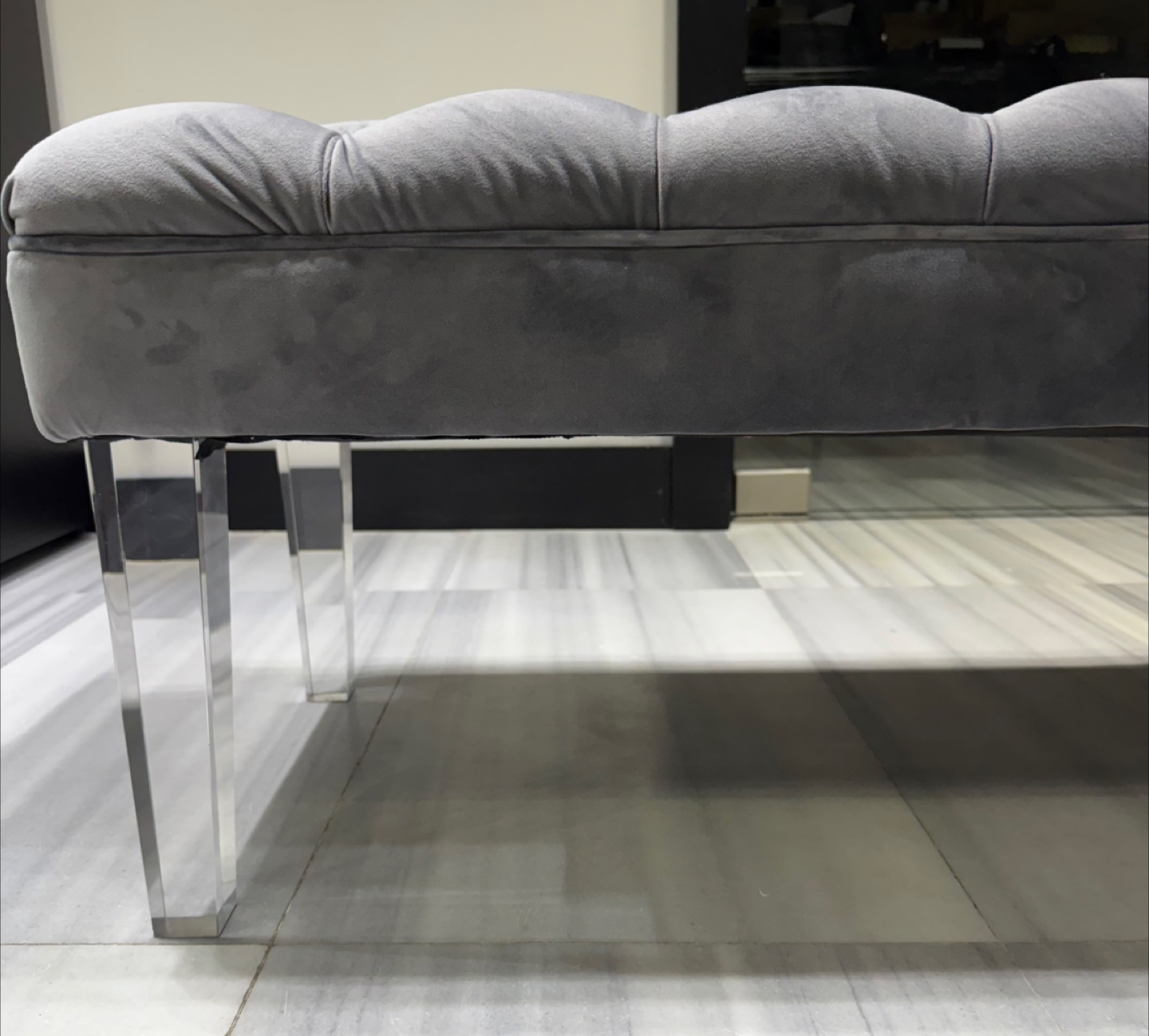 Gray Velvet Tufted Bench with Acrylic Legs - photo 2