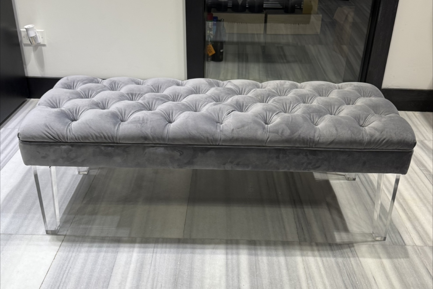 Gray Velvet Tufted Bench with Acrylic Legs