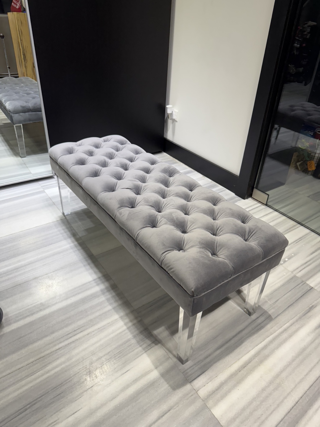 Gray Velvet Tufted Bench with Acrylic Legs - photo 3