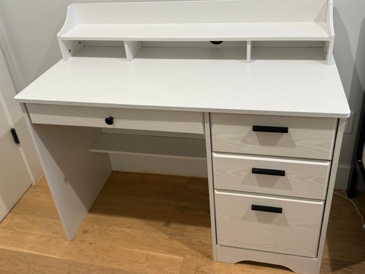 White Computer Desk with Hutch and Three Drawers