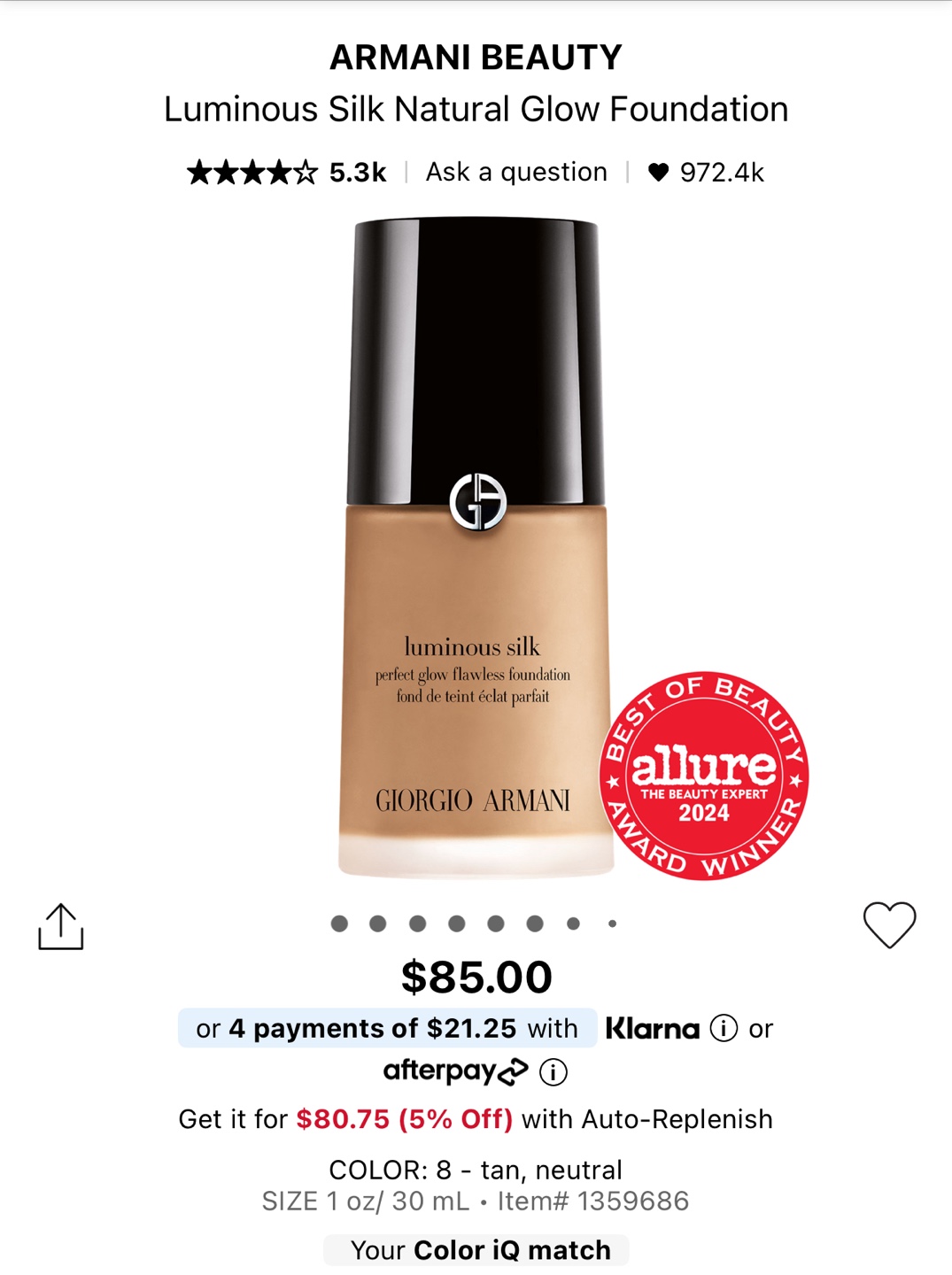Giorgio Armani Luminous Silk Foundation - Shade 8